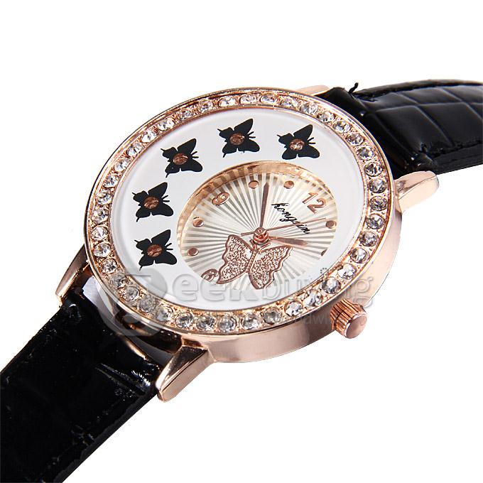 Women's Lady Style Casual Butterfly Leather Strap Analog Quartz Wrist Watch with Diamond - Black