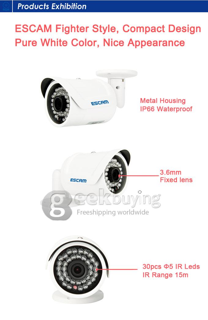 ESCAM QD320 H.264 720P Dual Stream 3.6MM Day / Night Waterproof IP Camera Support Motion Detection