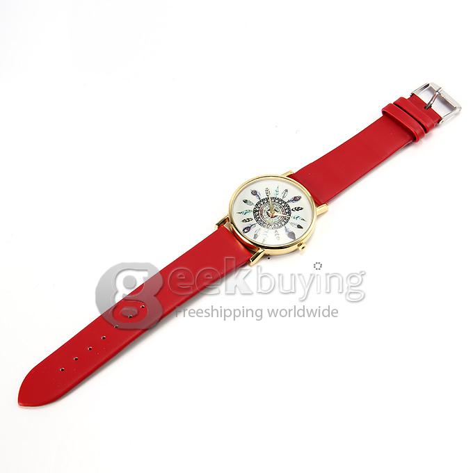 Fashion Peacock Feathers Pattern Leather Strap Analog Quartz Wrist Watch for Woman - Red