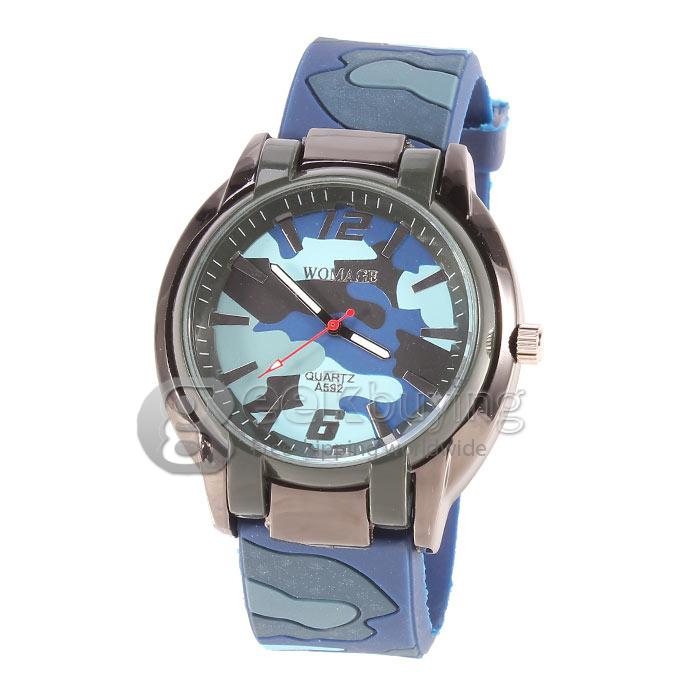 WOMAGE A592 Unisex Camouflage Design Silicone Analog Quartz Military Wrist Watch - Blue