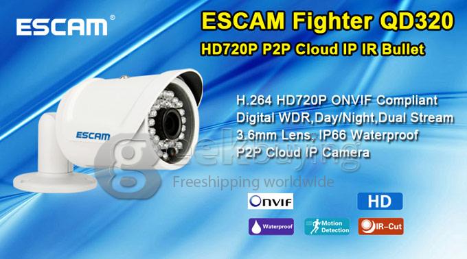ESCAM QD320 H.264 720P Dual Stream 3.6MM Day / Night Waterproof IP Camera Support Motion Detection