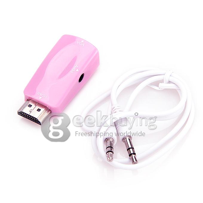 HDMI Male to VGA Female Adapter HDMI to VGA Portable HD Adapter with Audio Output for PS3 PC Tablet DVD Camera - Pink