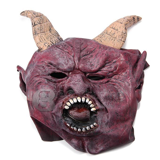 Halloween Thmed Horns Mask with Ferocious Fangs Trick Toy Horror Props for Fancy Parties and Dances - Amaranth