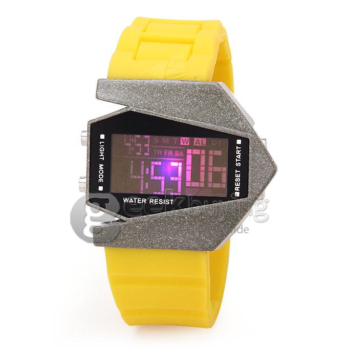 Fashion Unisex Aircraft Quartz Ceramic Silicone Strap Digital LED(different light colors to choose) Wrist Watch - Yellow