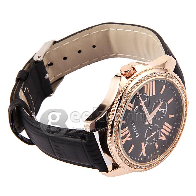 DIGU D025G Fashion Black Leather Strap Rose Golden Case Analog Quartz Sport Wrist Watch for Man - Black