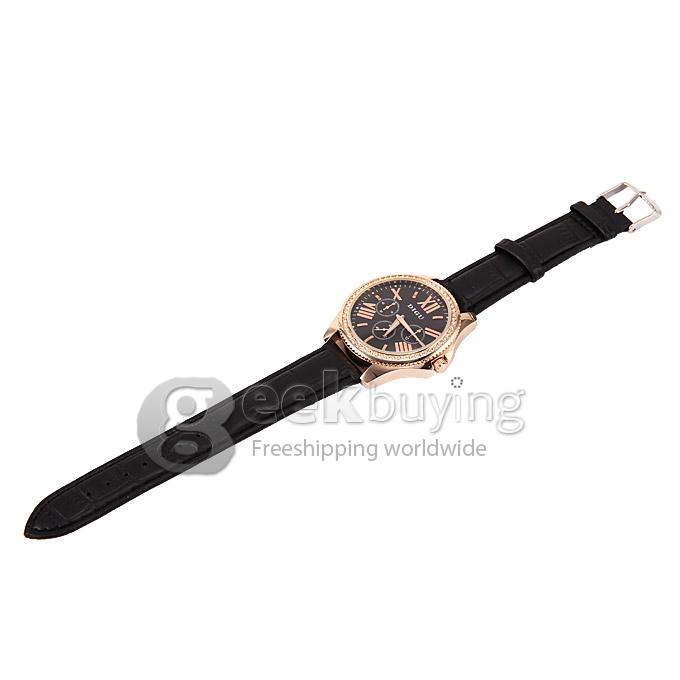 DIGU D025G Fashion Black Leather Strap Rose Golden Case Analog Quartz Sport Wrist Watch for Man - Black