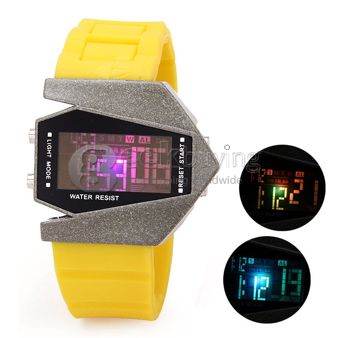 Fashion Unisex Aircraft Quartz Ceramic Silicone Strap Digital LED(different light colors to choose) Wrist Watch - Yellow