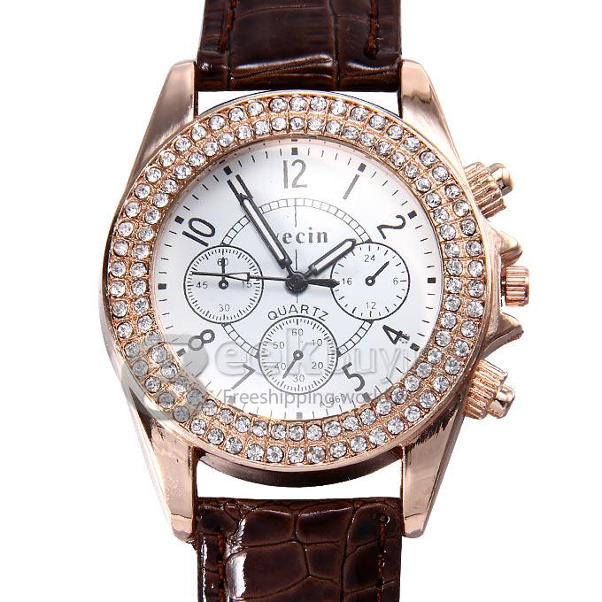 Wecin A-963 Women's Lady Style Casual Leather Band Analog Quartz Wrist Watch with Diamond - Brown
