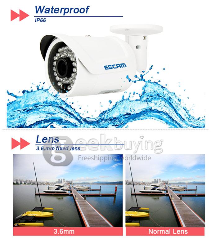 ESCAM QD320 H.264 720P Dual Stream 3.6MM Day / Night Waterproof IP Camera Support Motion Detection