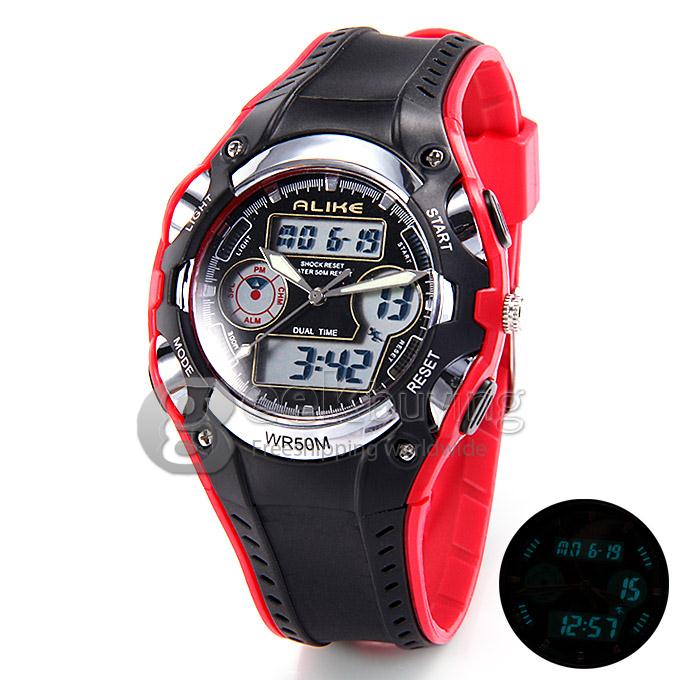 ALIKE AK9132 LED Alloy Digital Quartz Rubber Strap 50 Meters Waterproof Sport Utility Wrist Watch - Red