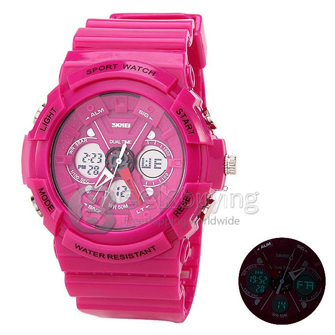 Skmei 0966 Unisex Analog-Digital Japanese Quartz Multi-Functional Silicone Band LCD Sport Wrist Watch - Rose