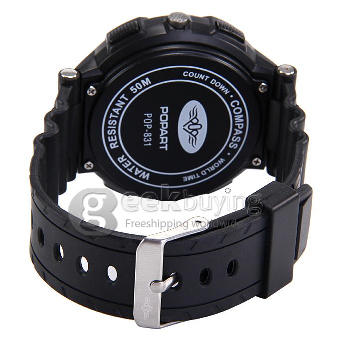 POPART POP-831 Unisex Green Light LED Compass Digital Silicon Band Sport Wrist Watch - Silver