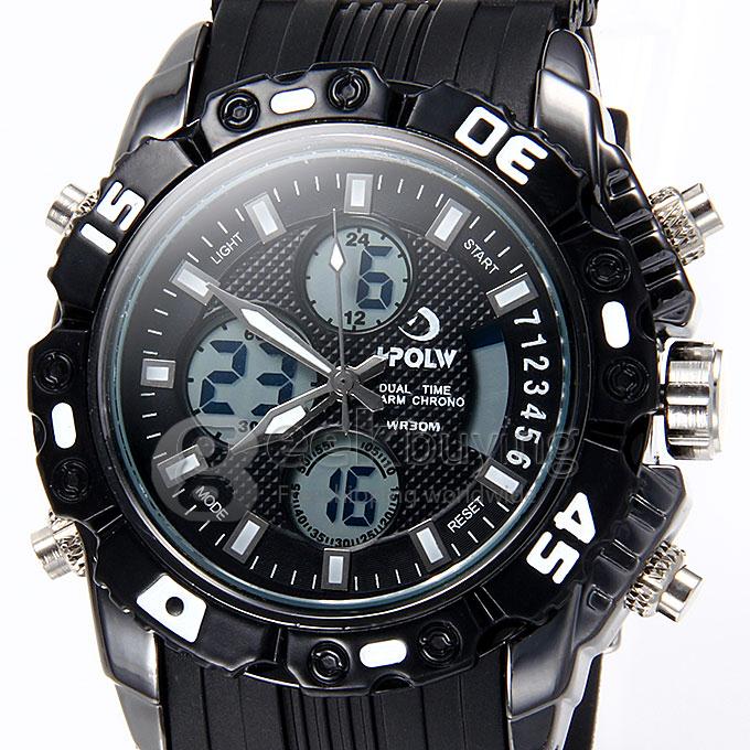 Hpolw 610 LED Big Dial Stainless Steel Analog-Digital Quartz Sport Wrist Watch for Man - Black