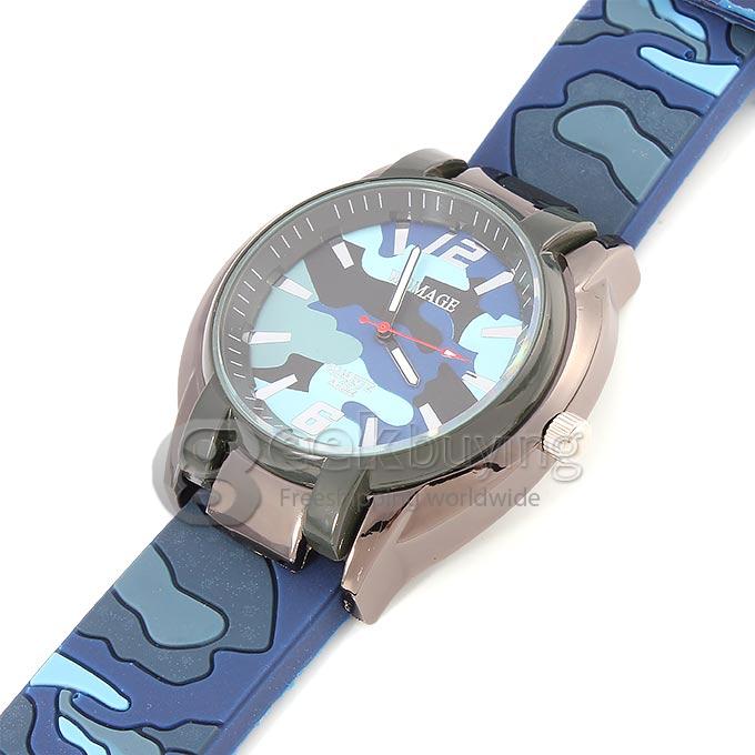 WOMAGE A592 Unisex Camouflage Design Silicone Analog Quartz Military Wrist Watch - Blue