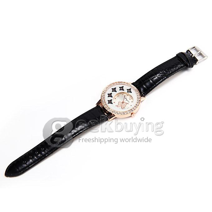 Women's Lady Style Casual Butterfly Leather Strap Analog Quartz Wrist Watch with Diamond - Black