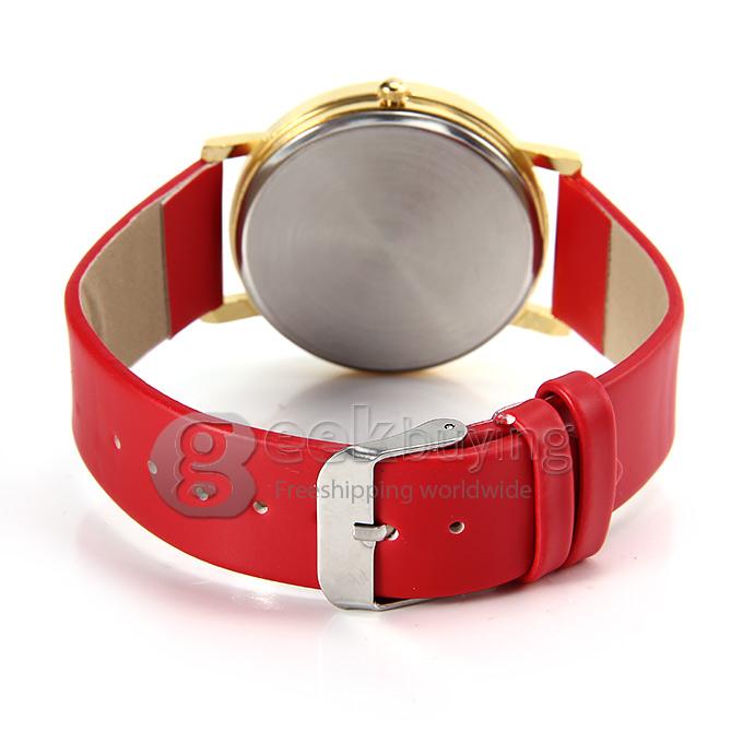Fashion Peacock Feathers Pattern Leather Strap Analog Quartz Wrist Watch for Woman - Red
