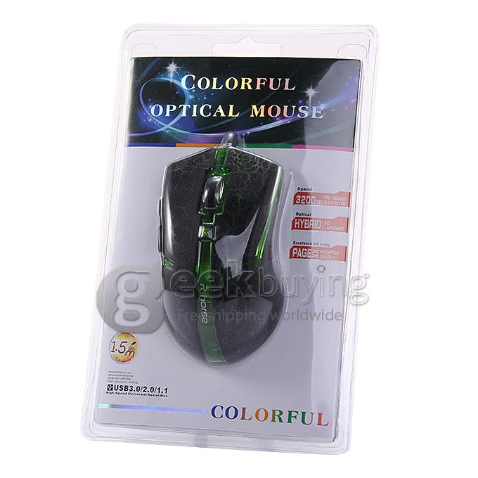 FC-5160 High Speed USB 3.0 Wired 800 / 1600 / 2400 / 3200dpi Optical Mouse with LED Light - Black + Green