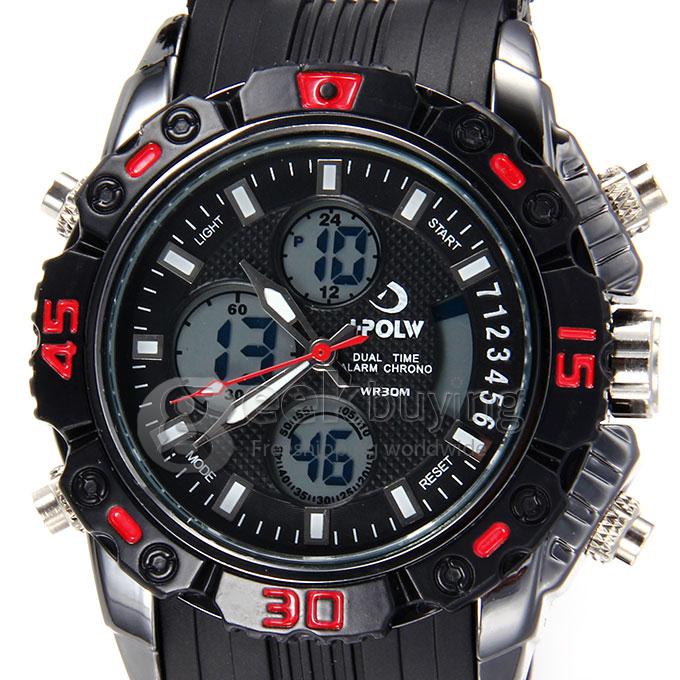 Hpolw 610 LED Big Dial Stainless Steel Analog-Digital Quartz Sport Wrist Watch for Man - Red