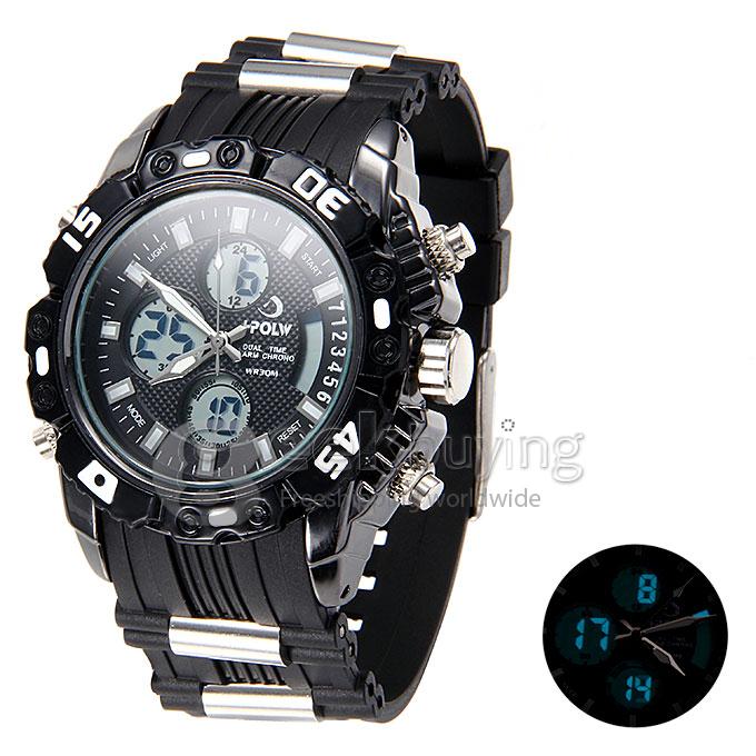 Hpolw 610 LED Big Dial Stainless Steel Analog-Digital Quartz Sport Wrist Watch for Man - Black