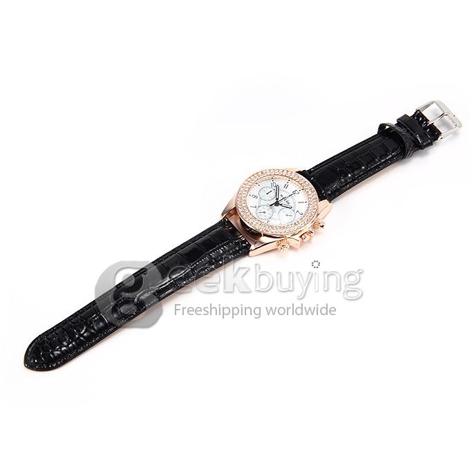 Wecin A-963 Women's Lady Style Casual Leather Band Analog Quartz Wrist Watch with Diamond - Black