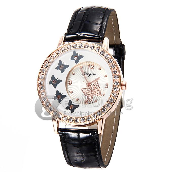 Women's Lady Style Casual Butterfly Leather Strap Analog Quartz Wrist Watch with Diamond - Black