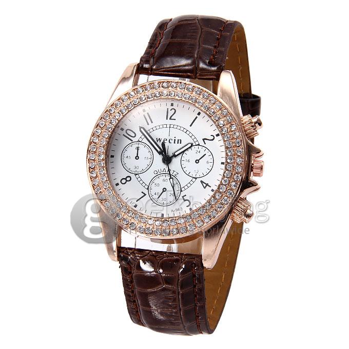 Wecin A-963 Women's Lady Style Casual Leather Band Analog Quartz Wrist Watch with Diamond - Brown