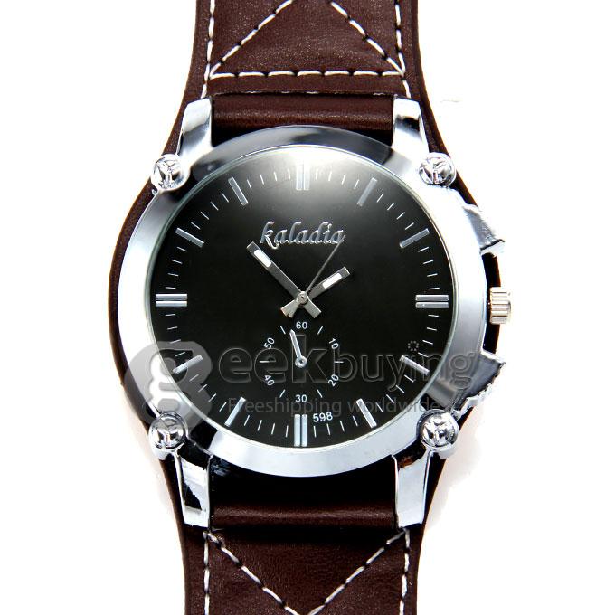 Kaladia 598 Big Round Dial Dress PU Strap Analog Quartz Wrist Watch for Man - Brown