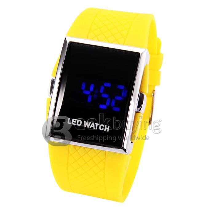 Unisex Square Mirror Face Blue LED Digital Rubber Band Wrist Watch - Yellow