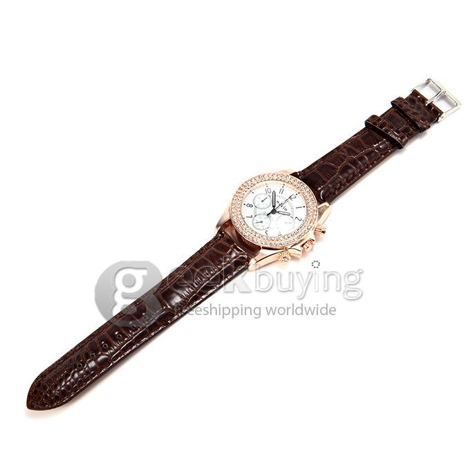 Wecin A-963 Women's Lady Style Casual Leather Band Analog Quartz Wrist Watch with Diamond - Brown