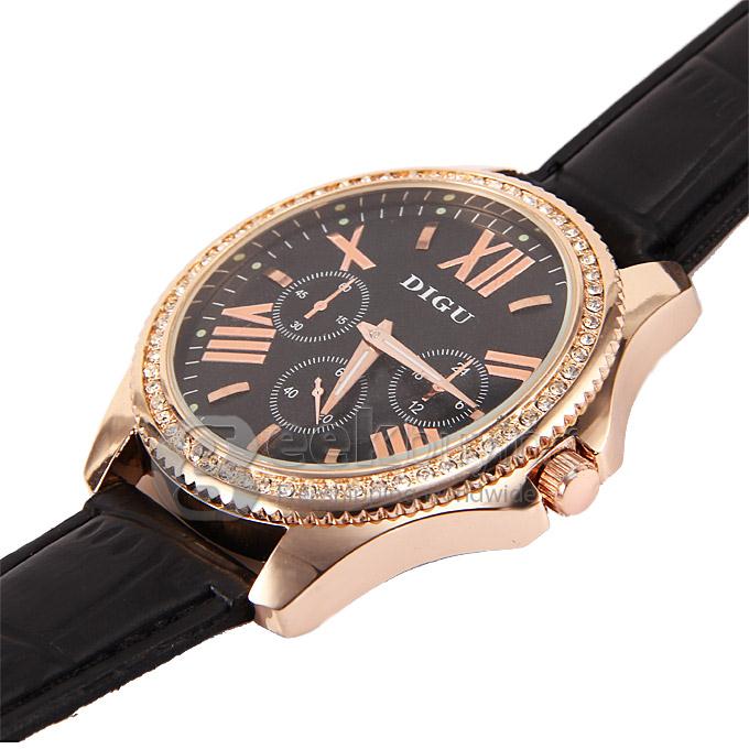 DIGU D025G Fashion Black Leather Strap Rose Golden Case Analog Quartz Sport Wrist Watch for Man - Black