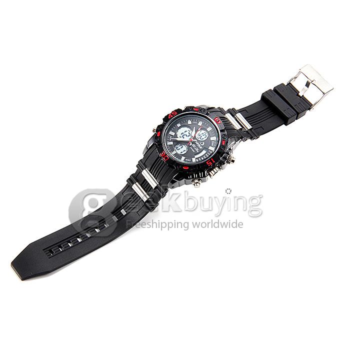 Hpolw 610 LED Big Dial Stainless Steel Analog-Digital Quartz Sport Wrist Watch for Man - Red