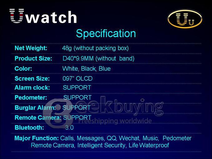 Uwatch Uu Waterproof Smart Bluetooth Watch Pedometer Multimedia Anti-lost Remote Capture for Voice Calls - White