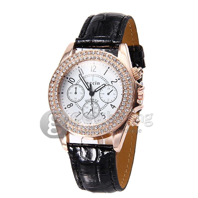 Wecin A-963 Women's Lady Style Casual Leather Band Analog Quartz Wrist Watch with Diamond - Black
