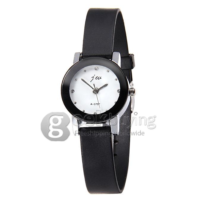 JW A-5707 Couple's Simple Fashion White Dial PU Strap Analog Quartz Watch with Diamond for Woman - White