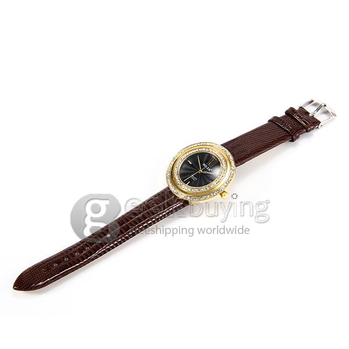 MILER A8241 Unisex Gold Case Black Dial Crocodile Pattern Leather Band Analog Quartz Watch with Diamond - Brown