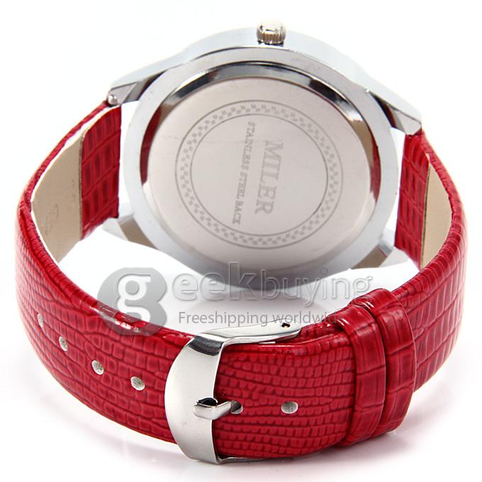 MILER A8235 Unisex Silver Case Crocodile Leather Band Analog Quartz Watch With Diamond - Red