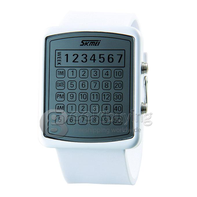 SKMEi 0987 Unisex Jelly Style PU Band Sport Square Mirror LED Digital Quartz Sport Watch - White