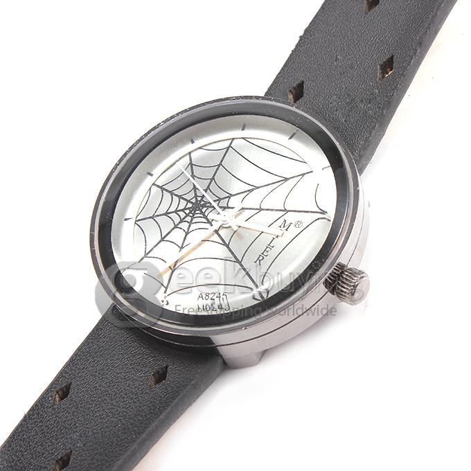 MILER A8245 Unisex Fashion Black Leather Band Cobweb Pattern Analog Quartz Wrist Watch - Silver Dial