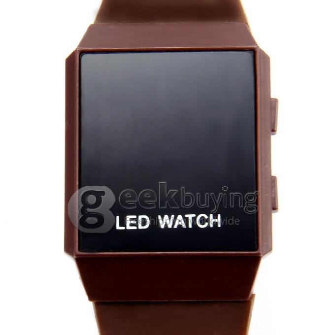 Unisex LED Digital Bright Colorful Square Case Silicone Strap Quartz Wrist Watch - Brown