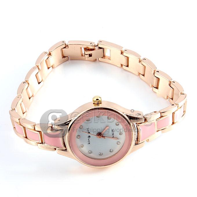 King-girl 9239 Women's Rhinestone Round Dial Alloy Band Analog Quartz Bracelet Watch - Pink