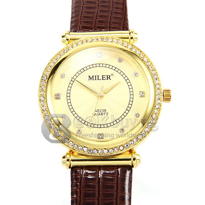 MILER A8238 Unisex Gold Case Crocodile Leather Band Analog Quartz Wrist Watch with Diamond - Brown