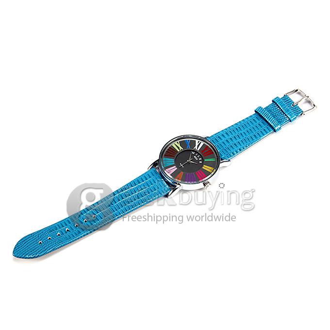 MILER A8222 Fashion Unisex Colorful Rome Digital Crocodile Pattern Leather Band Analog Quartz Wrist Watch - Blue