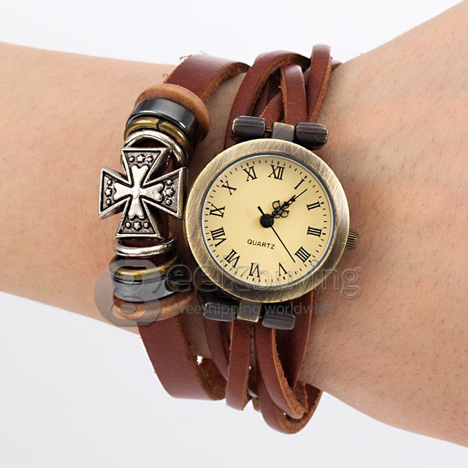 Women's Fashion Round Braid Leather Strap Analog Quartz Cross Style Bracelet Watch - Brown