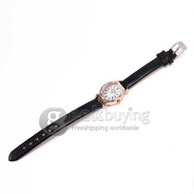Women's Roman Numerals Crocodile Pattern Leather Band Oval Dial Analog Quartz Wrist Watch - Black
