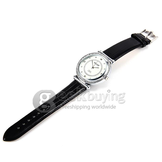 MILER A8238 Unisex Silver Case White Dial Crocodile Leather Band Analog Quartz Watch with Diamond - Black