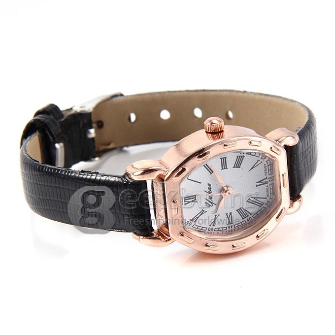 Women's Roman Numerals Crocodile Pattern Leather Band Oval Dial Analog Quartz Wrist Watch - Black