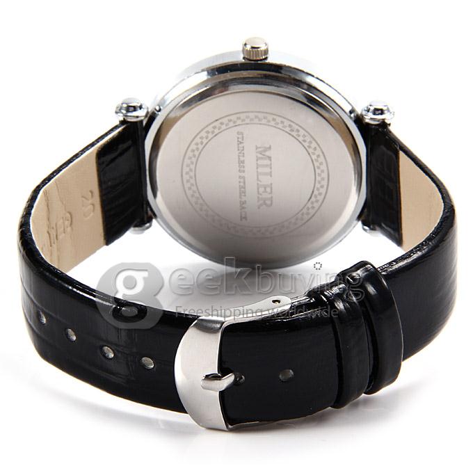 MILER A8238 Unisex Silver Case White Dial Crocodile Leather Band Analog Quartz Watch with Diamond - Black