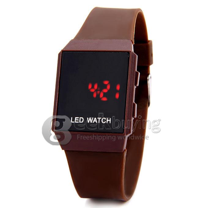 Unisex LED Digital Bright Colorful Square Case Silicone Strap Quartz Wrist Watch - Brown