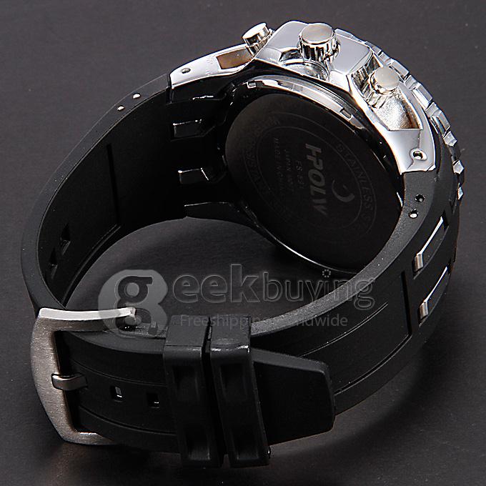 Hpolw FS-591 Men's Fashion LED Stainless Steel Black Dial White Case Analog-Digital Quartz Sport Watch - Black