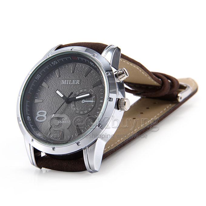 MILER A87 Unisex Fashion Black Case Leather Strap Analog Quartz Wrist Watch - Brown